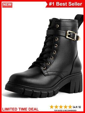 Lace-Up Ankle Boots Genuine Full-Grain Leather Block Heel Work Boots
